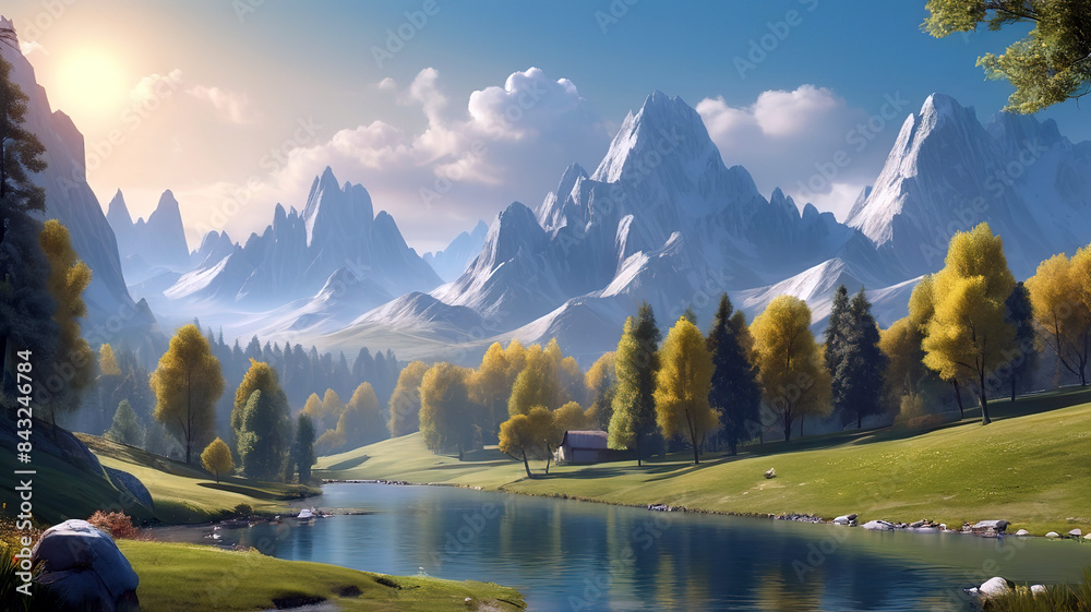 beautiful nature landscape of green grass field with mountain behind, Generative Ai