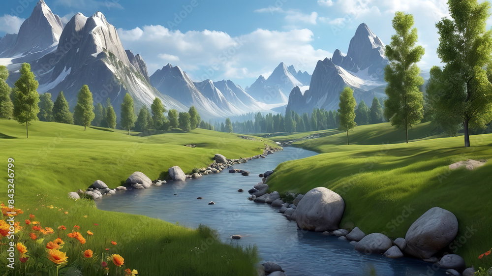 beautiful nature landscape of green grass field with mountain behind, Generative Ai