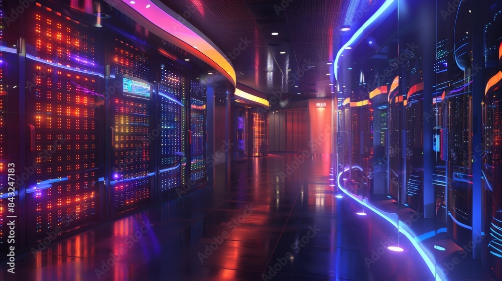 State-of-the-art server room with sleek, modern design, interactive holographic interfaces, and a symphony of lights indicating server activity State-of-the-art server room with sleek, modern design, interactive holographic interfaces, and a symphony of lights indicating server activity