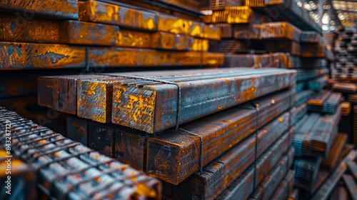 Steel construction materials stacked in an organized manner, showcasing the industrial design, isolated background, studio lighting photo