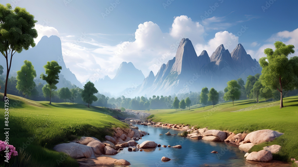 beautiful nature landscape of green grass field with mountain behind, Generative Ai