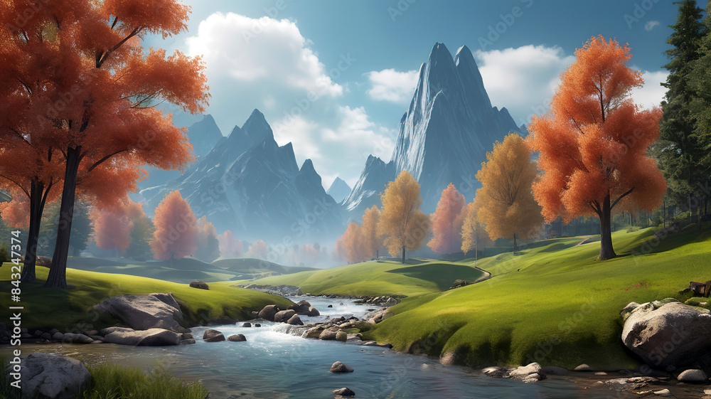 beautiful nature landscape of green grass field with mountain behind, Generative Ai