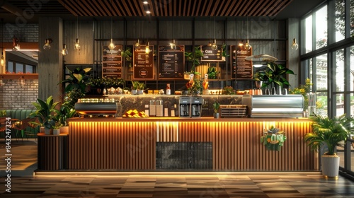 Modern cafe interior with wooden counter and industrial design