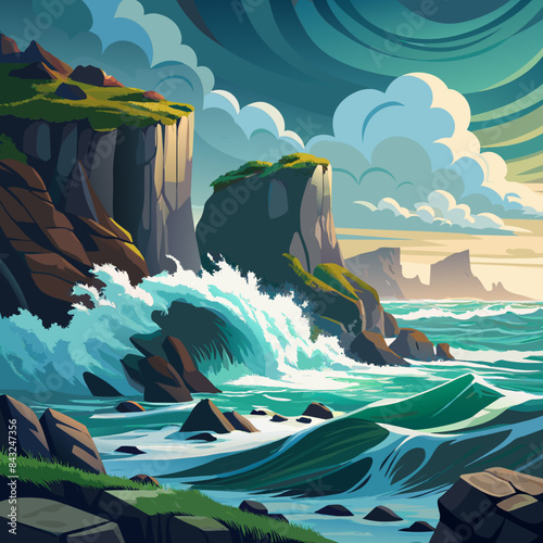 A rocky coastline is battered by powerful ocean waves, sending sprays of mist into the air.
