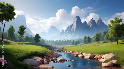Obraz na płótnie beautiful nature landscape of green grass field with mountain behind, Generative Ai w salonie