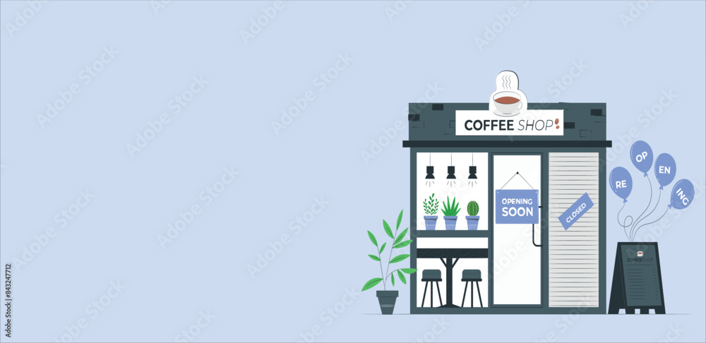 coffee shop opening soon or re-opening. Flat vector illustration stock set. Infographic elements. Showcases stores. Coffee shop building. Signboard with big cup and balloon coffee. Flat style vector coffee shop opening soon or re-opening. Flat vector illustration stock set. Infographic elements. Showcases stores. Coffee shop building. Signboard with big cup and balloon coffee. Flat style vector