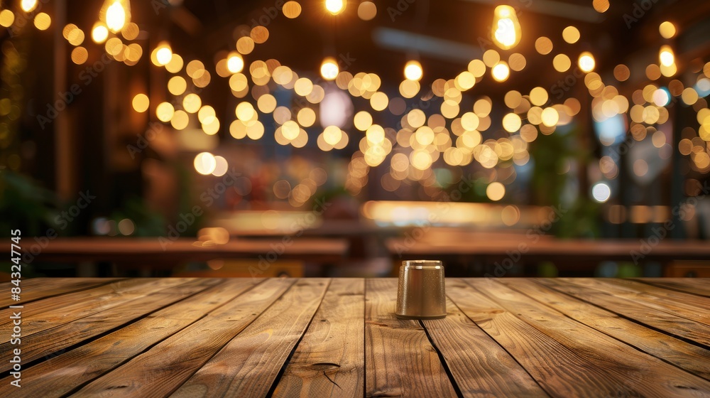Empty wooden table top with lights bokeh on blur restaurant background, generative ai Empty wooden table top with lights bokeh on blur restaurant background, generative ai