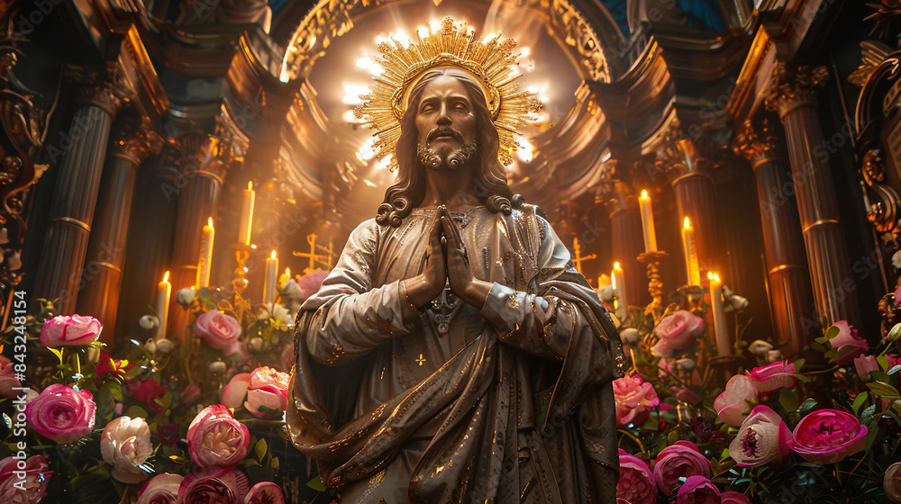 sacred heart of jesus christ statue on church with roses generative art