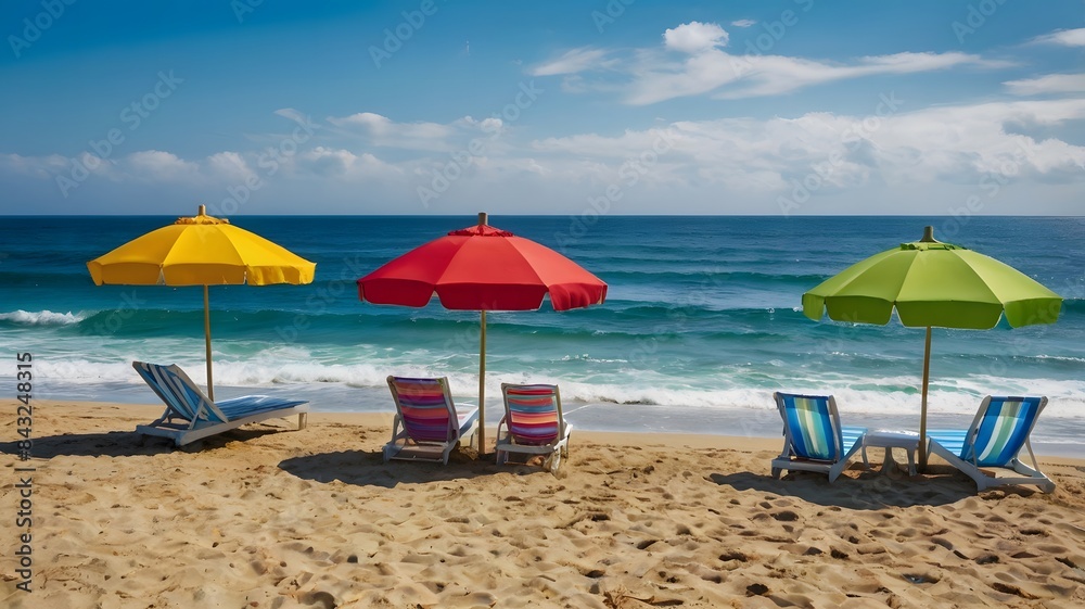 A summer background beach scene with colorful beach umbrellas in red, yellow, blue, and green, backdrop of blue ocean waves and a clear sky A summer background beach scene with colorful beach umbrellas in red, yellow, blue, and green, backdrop of blue ocean waves and a clear sky
