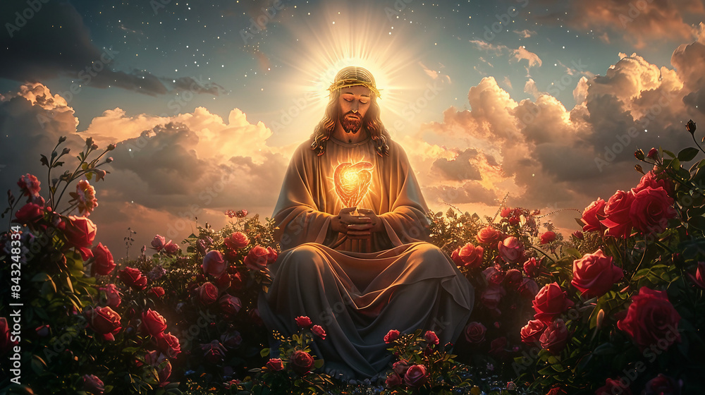 sacred heart of jesus christ on the cross on rising sun background ...
