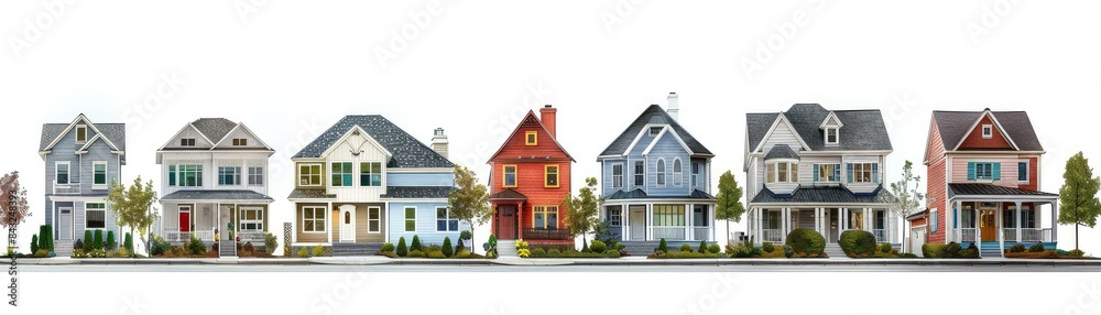 A row of colorful suburban homes. A row of colorful suburban homes.