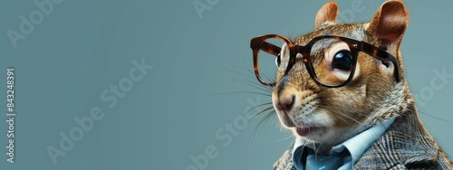 A squirrel wearing horn-rimmed glasses and a suit and tie. photo