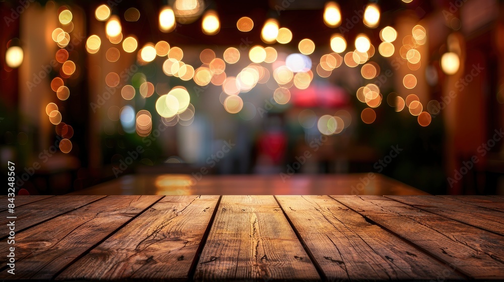 Empty wooden table top with lights bokeh on blur restaurant background, generative ai Empty wooden table top with lights bokeh on blur restaurant background, generative ai