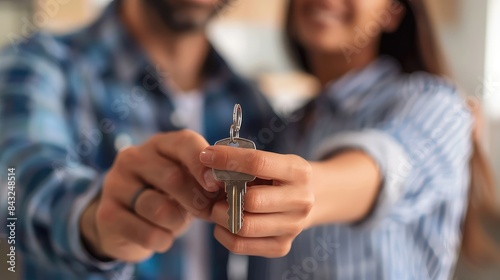 Couple holding keys to new home.