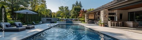 Wallpaper Mural A modern house with a swimming pool, surrounded by trees and a fence. Torontodigital.ca