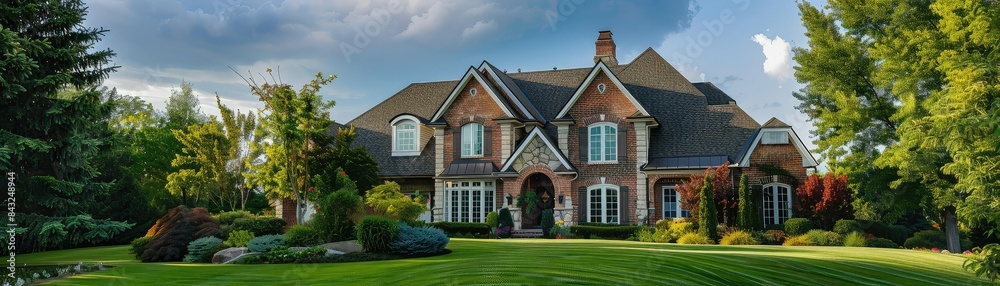 A beautiful two-story brick home with a lush green lawn and colorful landscaping. A beautiful two-story brick home with a lush green lawn and colorful landscaping.