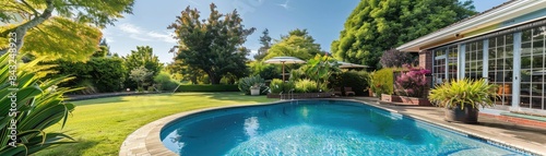 A beautiful house with a pool. The house is surrounded by trees and has a large lawn. The pool is in the center of the photo and is surrounded by a patio. © Suwanlee