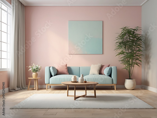 Aesthetic minimalist Scandinavian interior design with empty wall mockup in pastel color theme.