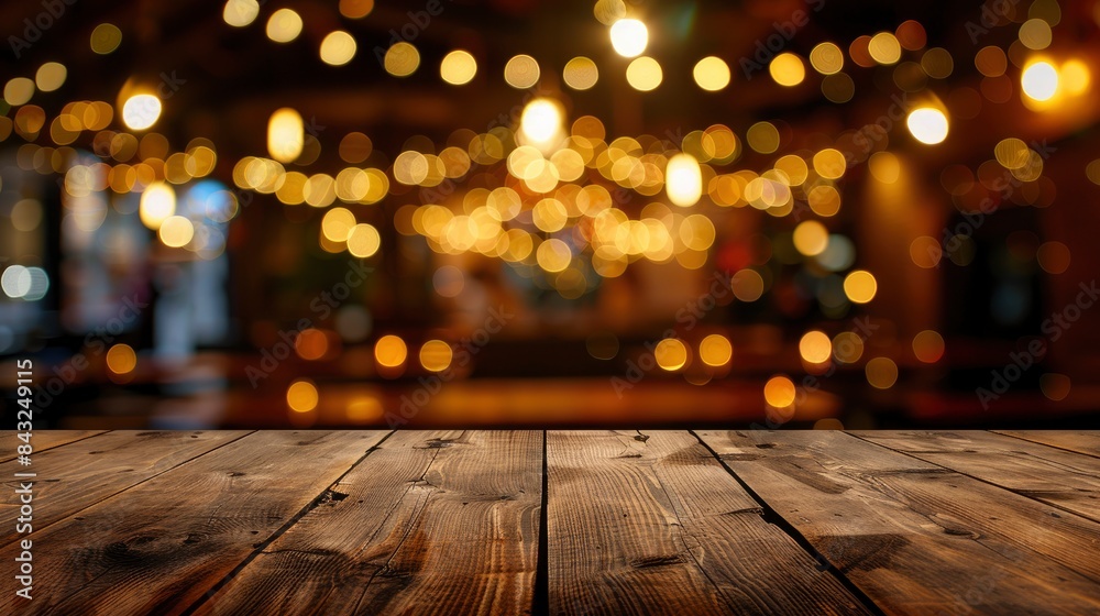 Empty wooden table top with lights bokeh on blur restaurant background, generative ai