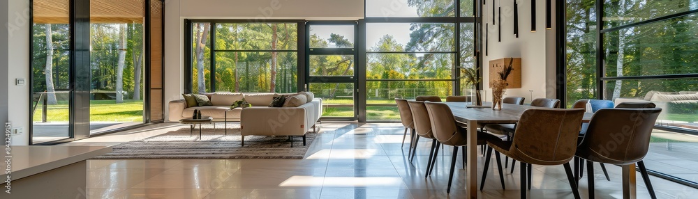 Fototapeta premium The interior of a modern house with a large living room and dining area