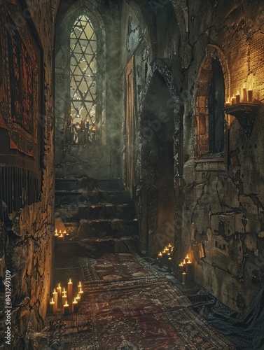 Explore the eerie dark castle interior with medieval charm  flickering candlelight  ancient tapestries  a sense of mystery and intrigue.