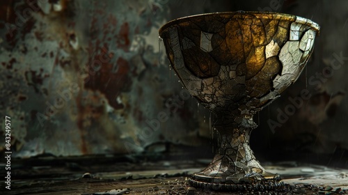 Old rusty goblet on a dark abandoned background for gothic designs