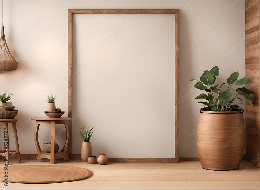 Mockup frame in nomadic boho interior background with rustic decor, 3d render Mockup frame in nomadic boho interior background with rustic decor, 3d render