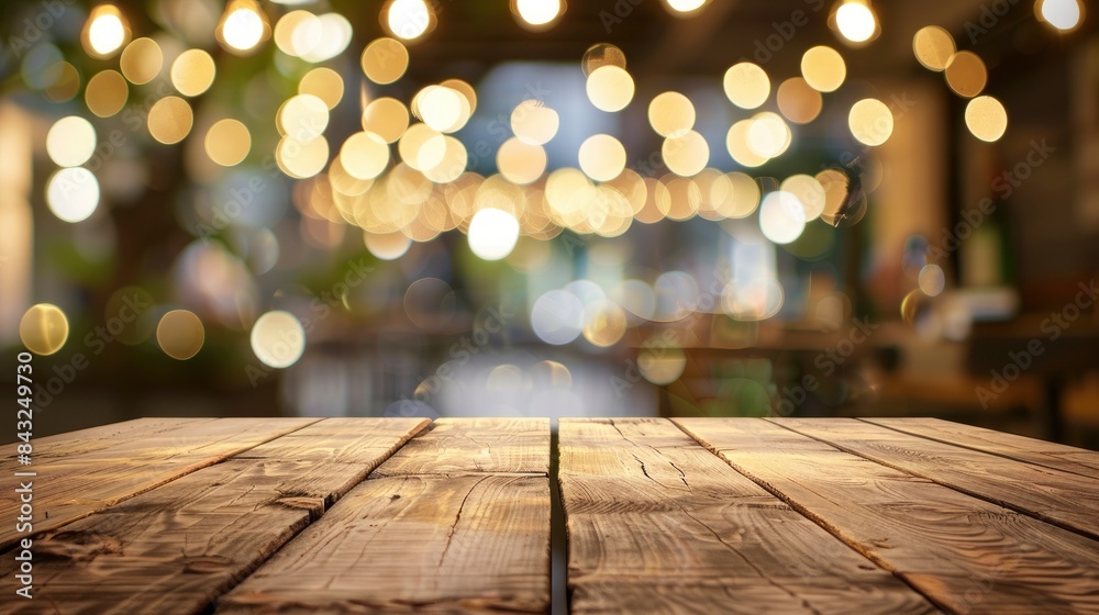 Empty wooden table top with lights bokeh on blur restaurant background, generative ai Empty wooden table top with lights bokeh on blur restaurant background, generative ai
