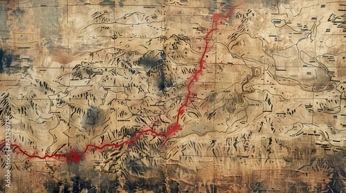 Old vintage map with red river for travel or adventure designs