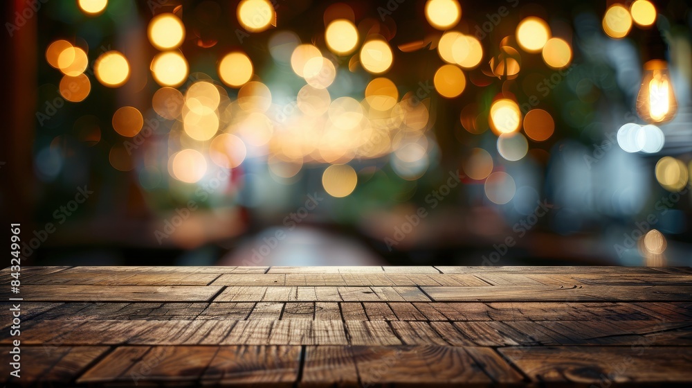 Empty wooden table top with lights bokeh on blur restaurant background, generative ai Empty wooden table top with lights bokeh on blur restaurant background, generative ai