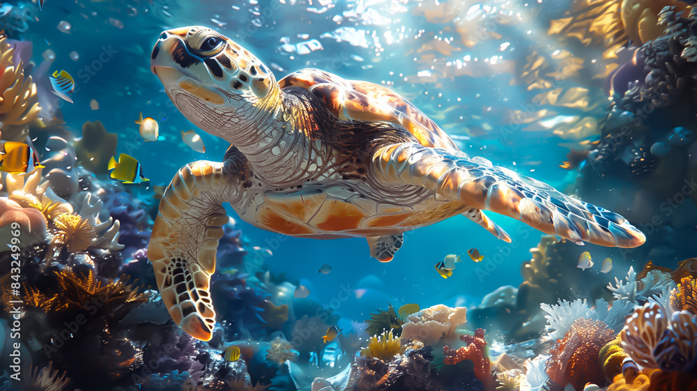 Fototapeta premium 鮮やかなサンゴ礁で泳ぐ海ガメ/Sea Turtle Swimming in a Vibrant Coral Reef generative AI
