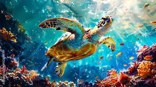 Fototapeta Naklejka Na Ścianę i Meble -  鮮やかなサンゴ礁で泳ぐ優雅な海ガメ/Graceful Sea Turtle Swimming in Vibrant Coral Reef generative AI