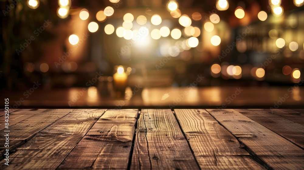 Empty wooden table top with lights bokeh on blur restaurant background, generative ai Empty wooden table top with lights bokeh on blur restaurant background, generative ai