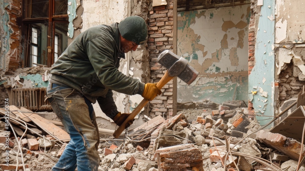 A demolition worker using a sledgehammer to break apart the remaining structure of a derelict building. A demolition worker using a sledgehammer to break apart the remaining structure of a derelict building.