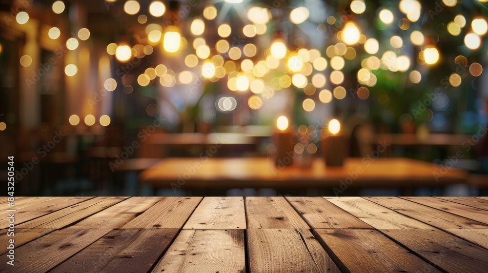 Empty wooden table top with lights bokeh on blur restaurant background, generative ai Empty wooden table top with lights bokeh on blur restaurant background, generative ai