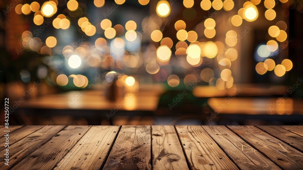 Empty wooden table top with lights bokeh on blur restaurant background, generative ai Empty wooden table top with lights bokeh on blur restaurant background, generative ai