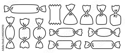 Candy wrapped sweets symbol set. Bonbon lollipop chocolate, caramel candies snack wrapping contour sign. Tasty sugar dessert food childish party. Wrapped caramel yummy icon linear graphic vector