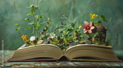 Piggy bank on a book full of coins in a flower garden for finance or saving themed design