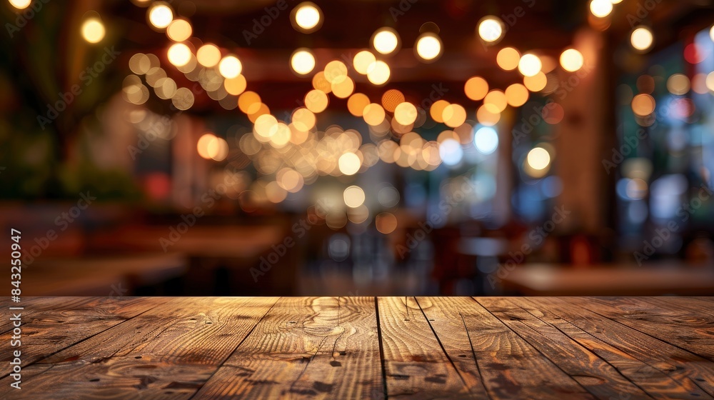 Empty wooden table top with lights bokeh on blur restaurant background, generative ai Empty wooden table top with lights bokeh on blur restaurant background, generative ai