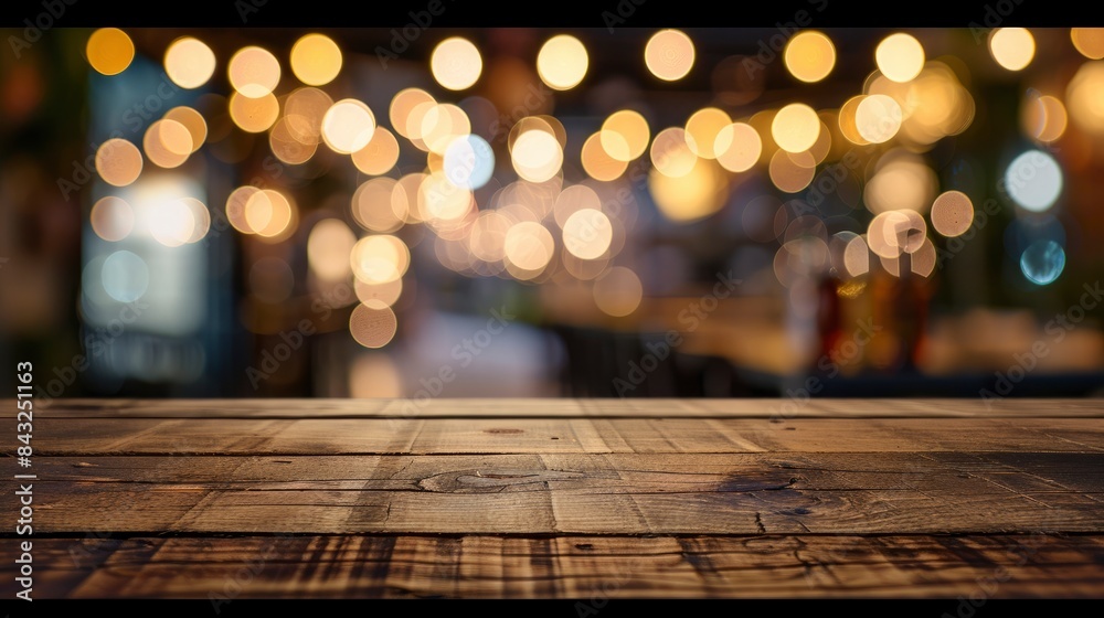 Empty wooden table top with lights bokeh on blur restaurant background, generative ai Empty wooden table top with lights bokeh on blur restaurant background, generative ai