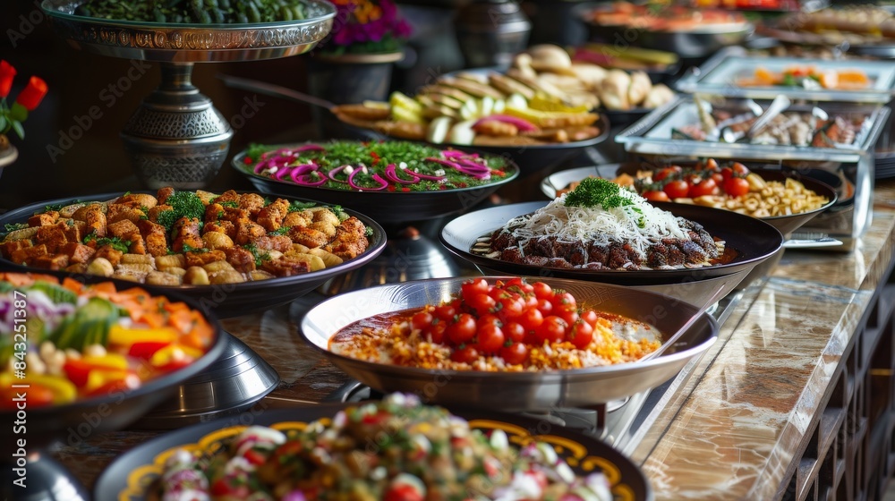 Fototapeta premium A Ramadan iftar buffet at a restaurant, featuring a variety of dishes from Middle Eastern cuisine