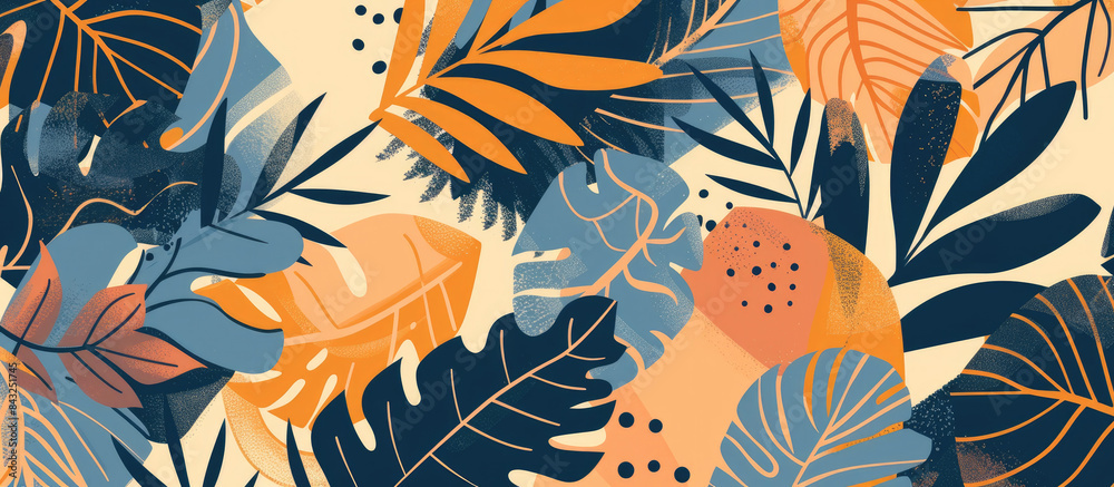 Seamless pattern of tropical leaves and foliage in flat illustration, with organic shapes, soft pastel colors orange, navy, pink and peach Seamless pattern of tropical leaves and foliage in flat illustration, with organic shapes, soft pastel colors orange, navy, pink and peach