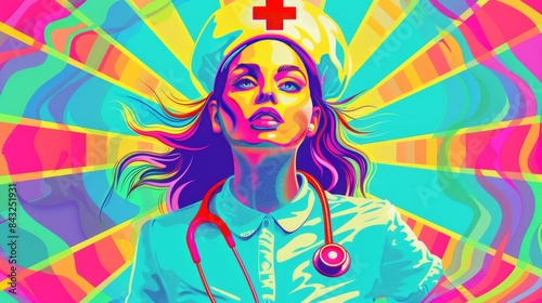 Psychedelic nurse portrait for medical and healthcare design
