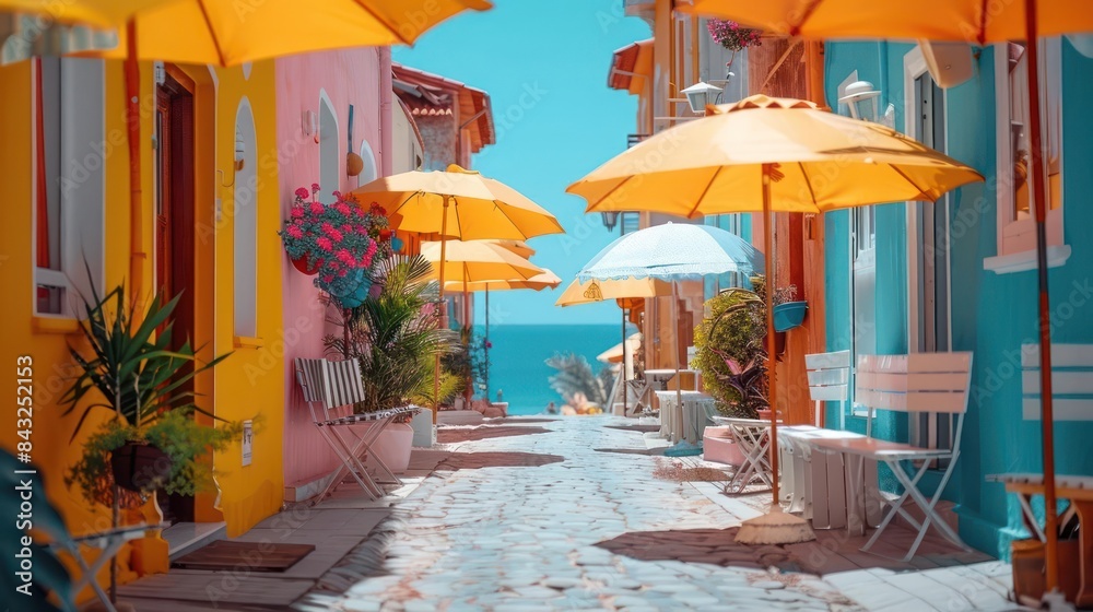 Fototapeta premium Serene Coastal Charm, Vibrant Buildings, Azure Waters, and Sunlit Umbrellas