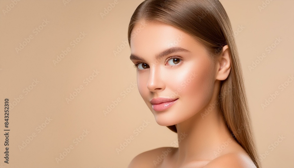 Close-up of woman with unmarked skin and beige background