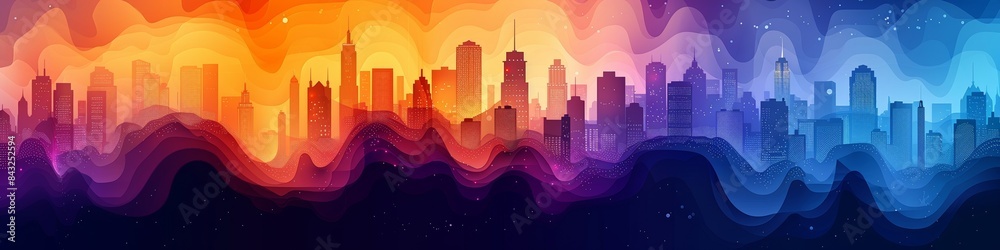 Φωτογραφία An illustration of city buildings in vibrant colors, predominately blue, purple and orange