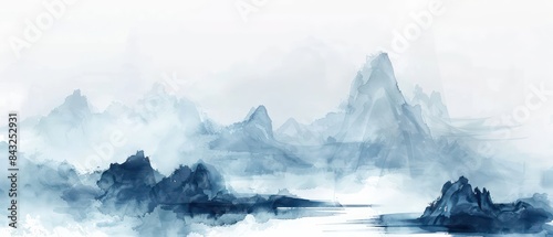 Wallpaper Mural mountain view and river watercolor paint, white background Torontodigital.ca