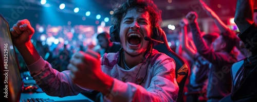Gamer celebrating a victory at an event © gearstd
