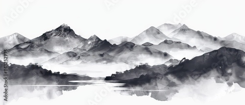 mountain view and river watercolor paint, white background