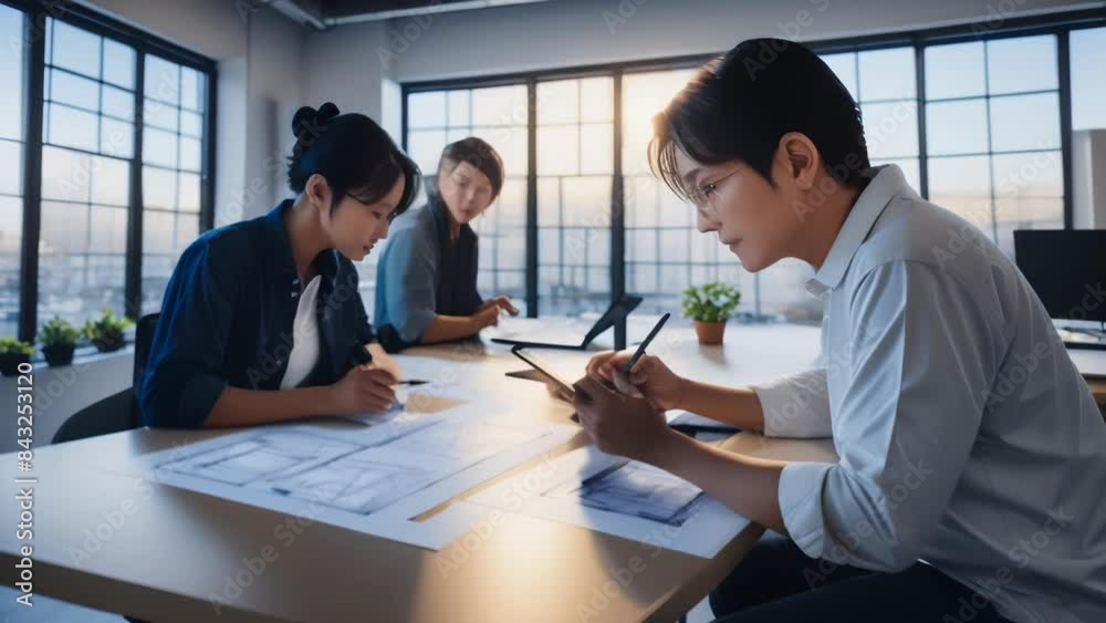 A group of architects collaborating on a design project in a modern office with large windows. The workspace is filled with natural light, creating an atmosphere of creativity and focus. 